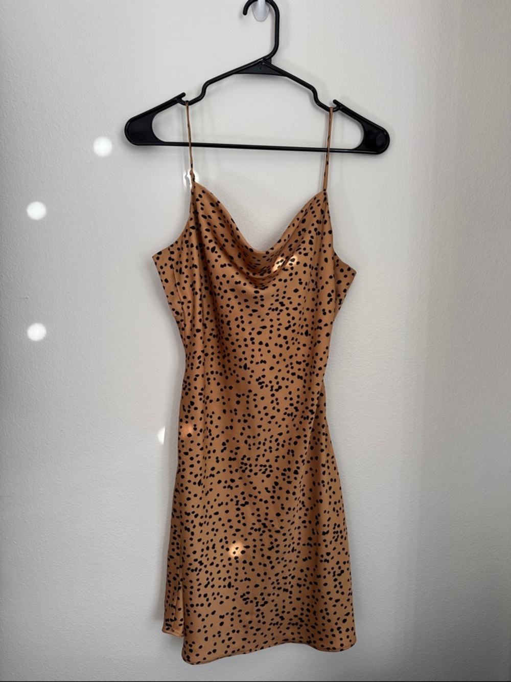 Cowl Neck Mini Slip Dress in Tan with Black Spot Print